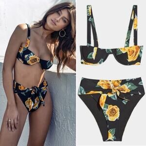 WeWoreWhat Black Yellow Rose Bikini Set Sorrento Top Riviera Bottom S M Revolve